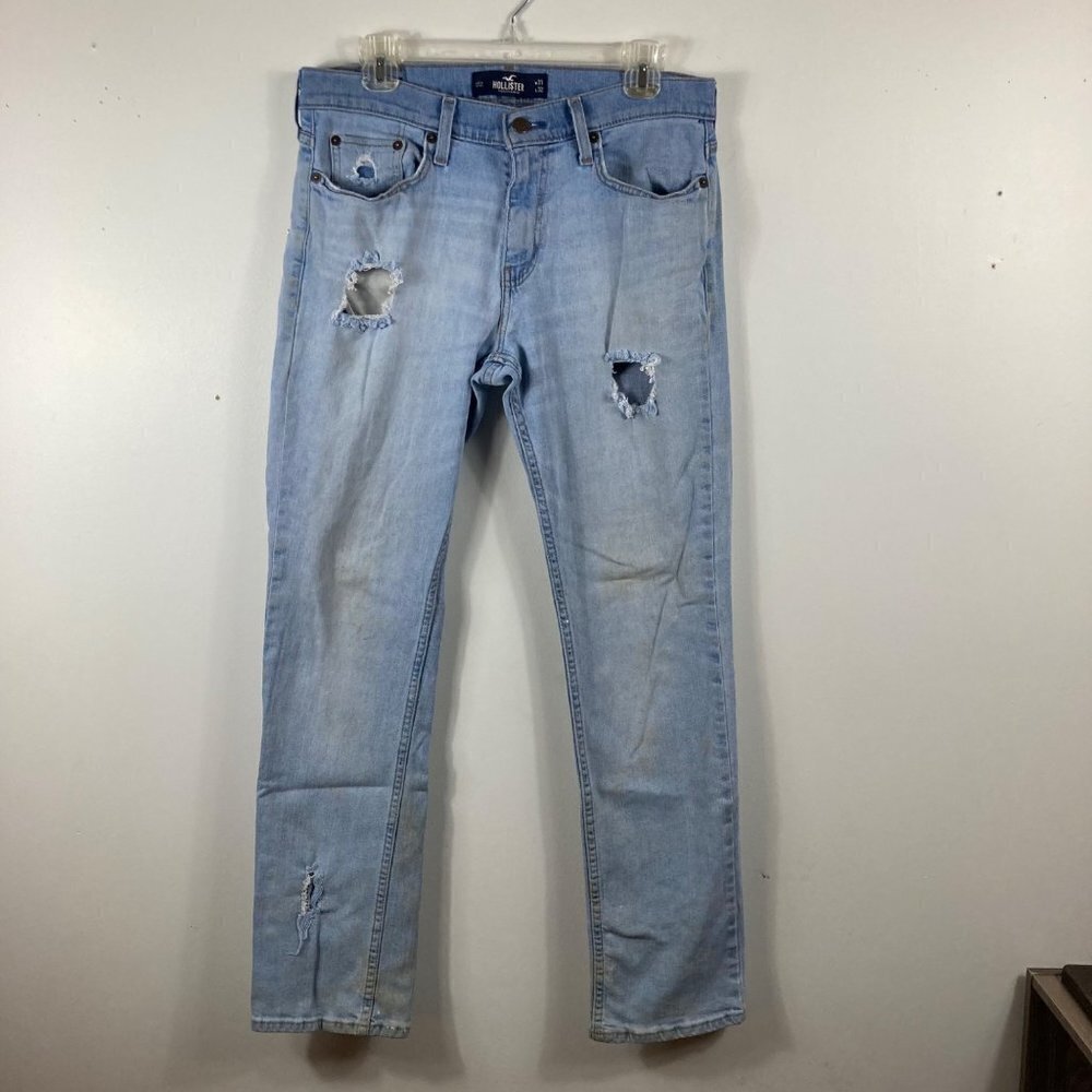 Mens Hollister Slim Straight Light Wash Distressed Holes Jeans‎ 31 x 32